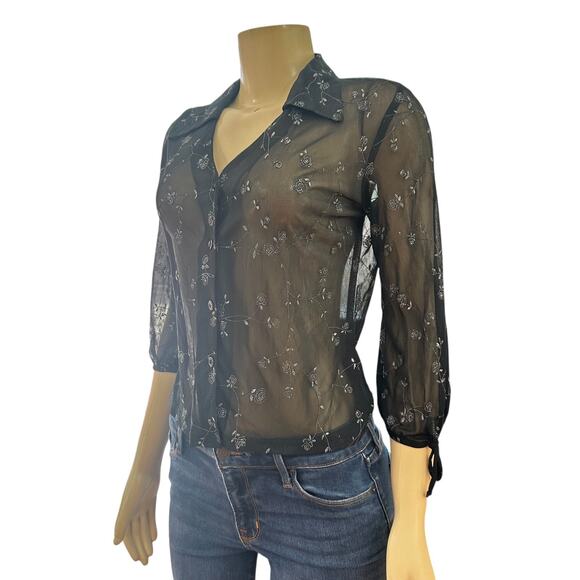 Vintage Womens Sheer Button Front Top Size L Black Y2K Whimsigoth Floral Grunge - Picture 5 of 14